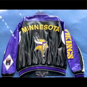 VINTAGE NFL CARL BANKS G-III MINNESOTA LEATHER BOMBER ZIP UP JACKET (XL)